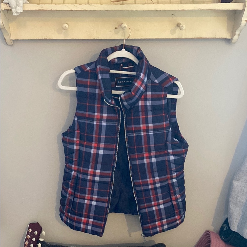 Tommy Hilfiger Plaid Puffer Vest - Red and Blue